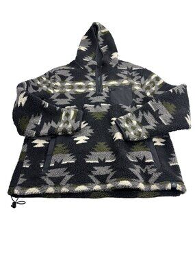 Lucky Brand Mens XL Aztec Pattern Fleece Pullover Hoodie With Zip Pocket Black/G